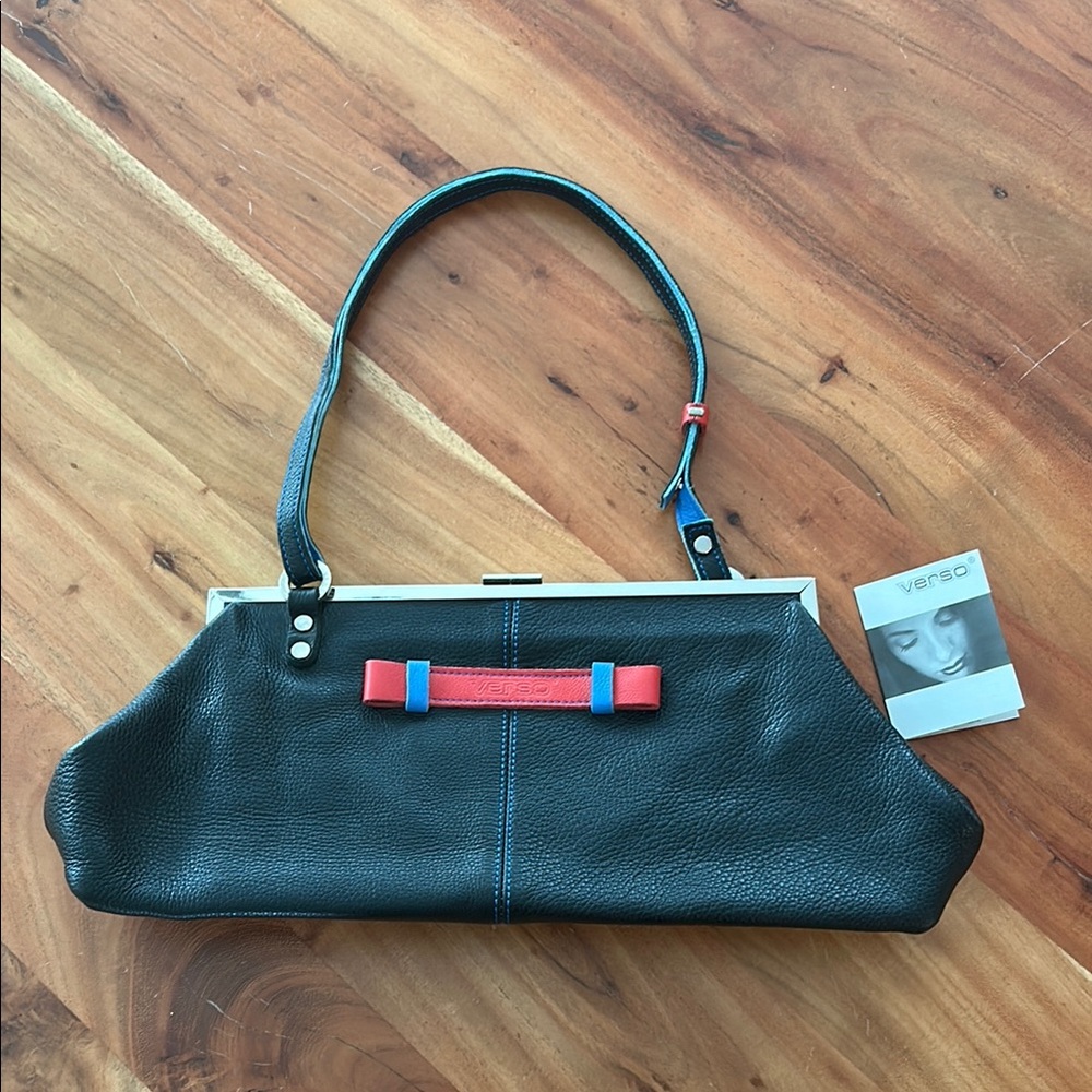 Verso Full Grain Leather Black with blue stitching & red accent Women's Purse